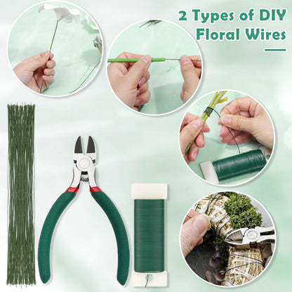Paxcoo Floral Tape and Floral Wire Arrangement Tool Kit with Green Tape, Floral Wire, Boutonniere Flower pin, Cutter, White Ribbon and Elastic Pearl Wrist Corsage Bands for Bouquets
