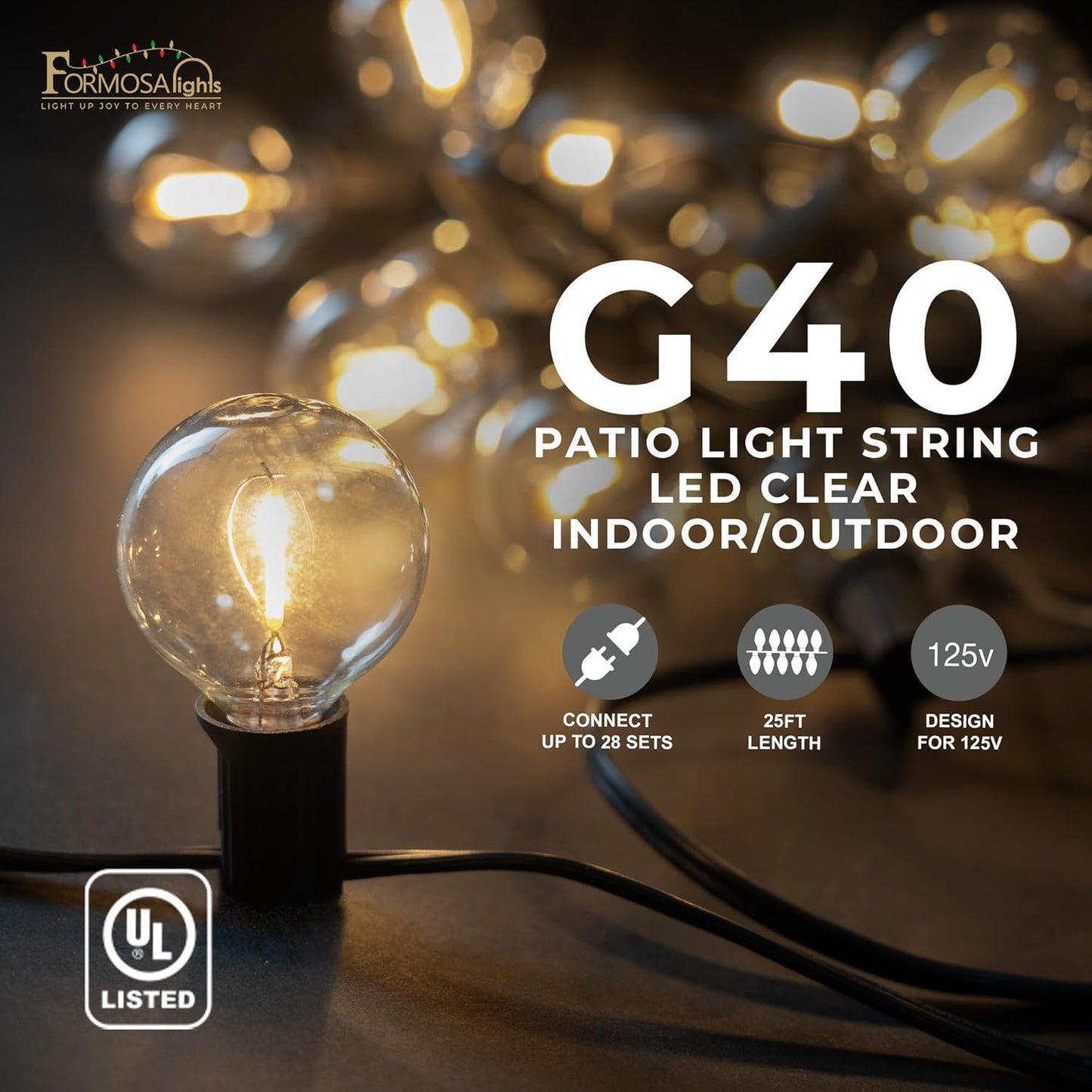 26ft 25 Bulbs,G40 Bulbs, Formosa Indoor/Outdoor Clear LED Christmas String, Patio Light with Retro Round Waterproof