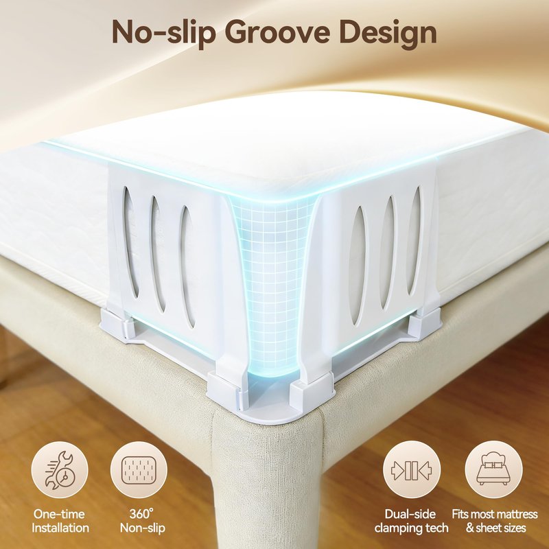 QWUE Bed Sheet Holders for Corners, Upgrade Dual-side Locks Keep Firm & Tight, Lock Sheets Holders, Non-slip Sheets Grippers, Heavy Duty Bed Sheet Clips Fits All Mattress Sizes Easy Install