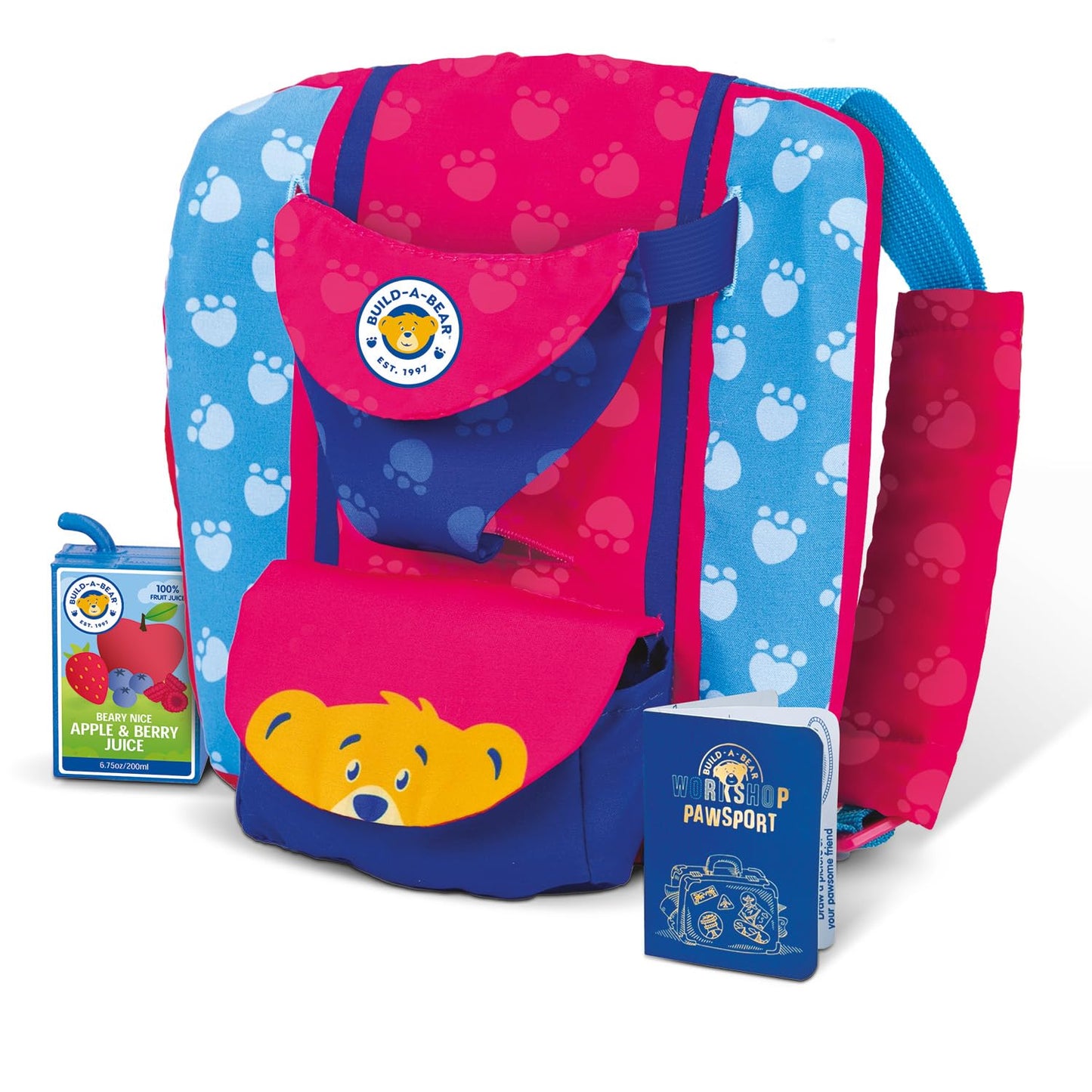 Casdon Build-A-Bear Workshop Pawfect Adventure Toy Bear Carrier | Multi-Way Carrier for Teddies | for Kids Aged 3+ | Includes Bag, Juice Box, Hat & Pawsport | Official Licensed Toy