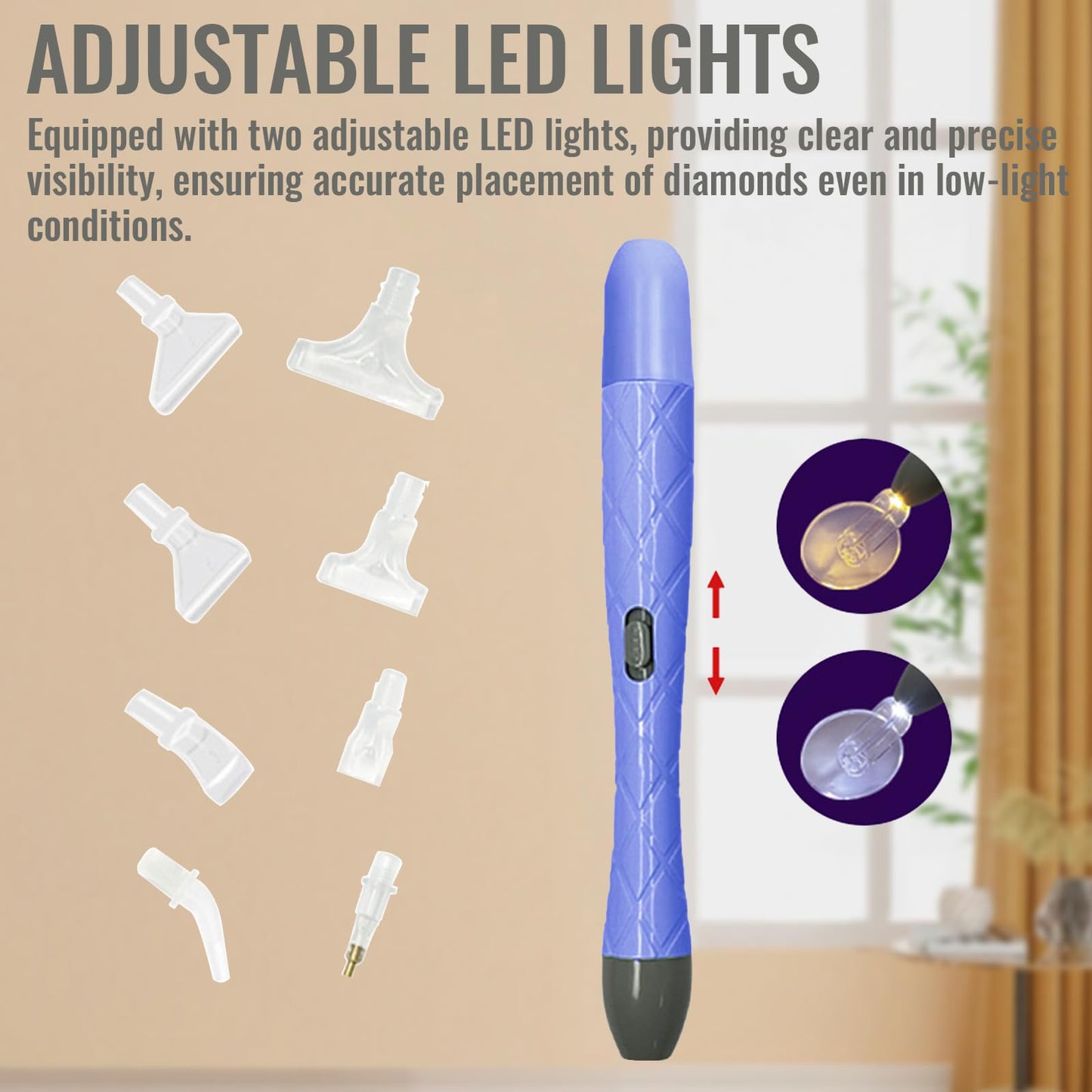 Electric Diamonds Paintings Art Drill Pen with LED, Double-Headed Design, 8 Interchangeable Tips for Square Round Beads, DIY Craft Tool (Purple)