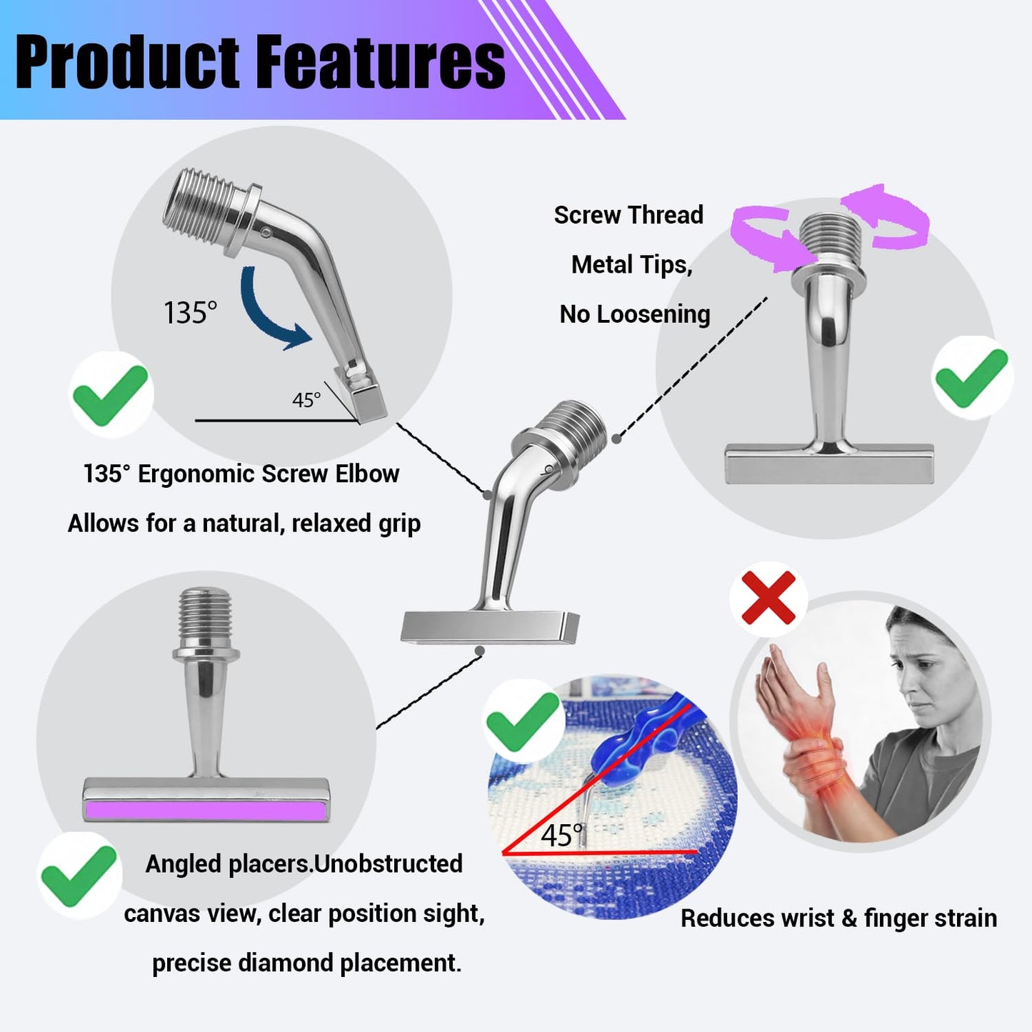 Diamond Art Pens Tool Diamond Painting Pen with 135° Ergonomic Screw Elbow Steel Metal Tip Nibs Roller Angled Placers Accessories Kits Drill Bead Dot Pens for Art Craft Nail Easy to Use
