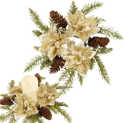Regine Switzerland Christmas Candle Ring Wreath - Gold Glitter Poinsettia & Pinecone Decoration for Holiday Tables