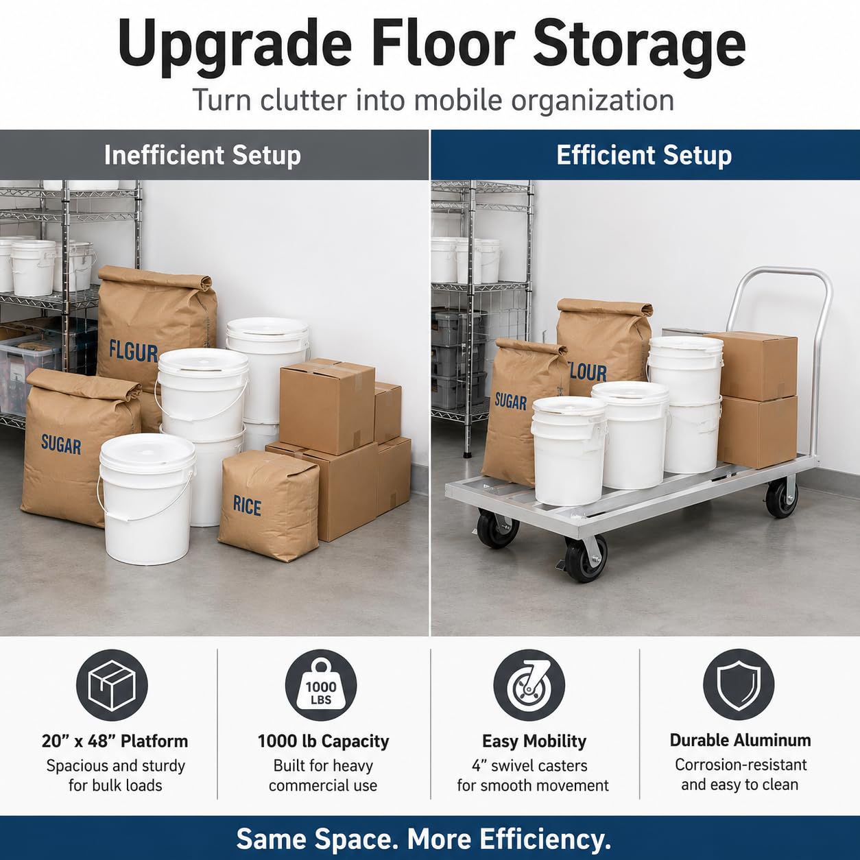 20" x 48" Mobile Aluminum Dunnage Rack with Handle, 1600 lb Capacity Heavy Duty Platform Cart with Casters, Rolling Storage Rack for Commercial Kitchen, Restaurant, Warehouse, Pantry and Bulk Supplies