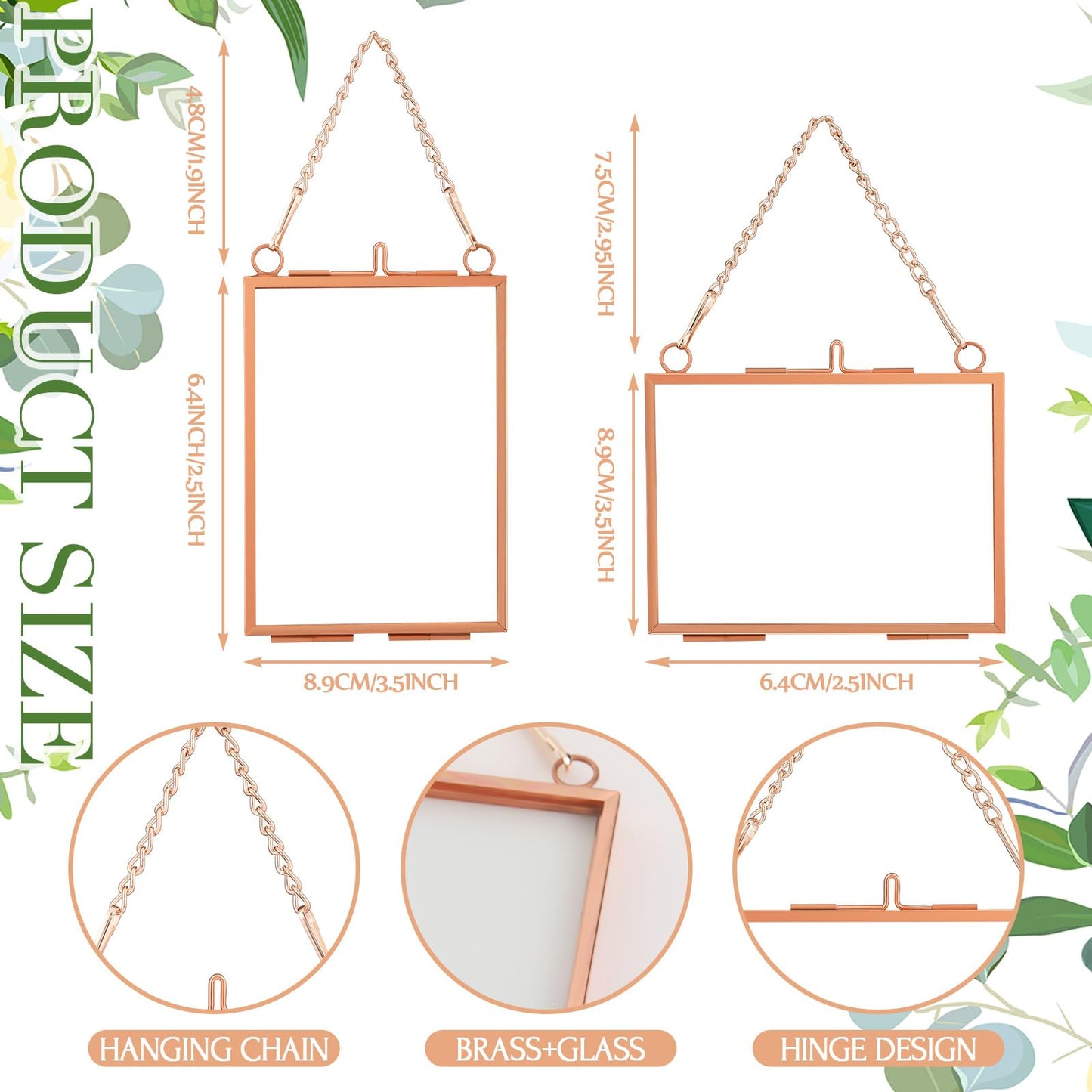 Kigley Double Glass Frame for Pressed Flowers Floating Hanging Photo Frame Gift for Graduation Mother's Day 3.5 x 2.5 in Brass Clear Decor with Chain for Display Gallery Artwork(Rose Gold,12 Pcs)