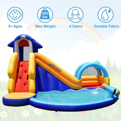 OLAKIDS Inflatable Water Slides, 14FT x 10FT x 8.5FT Shark Theme Bouncy House with Slide, Splash Pool, Climbing Wall, Water Gun, Outdoor Jumping Castle with Hose Carry Bag Stakes