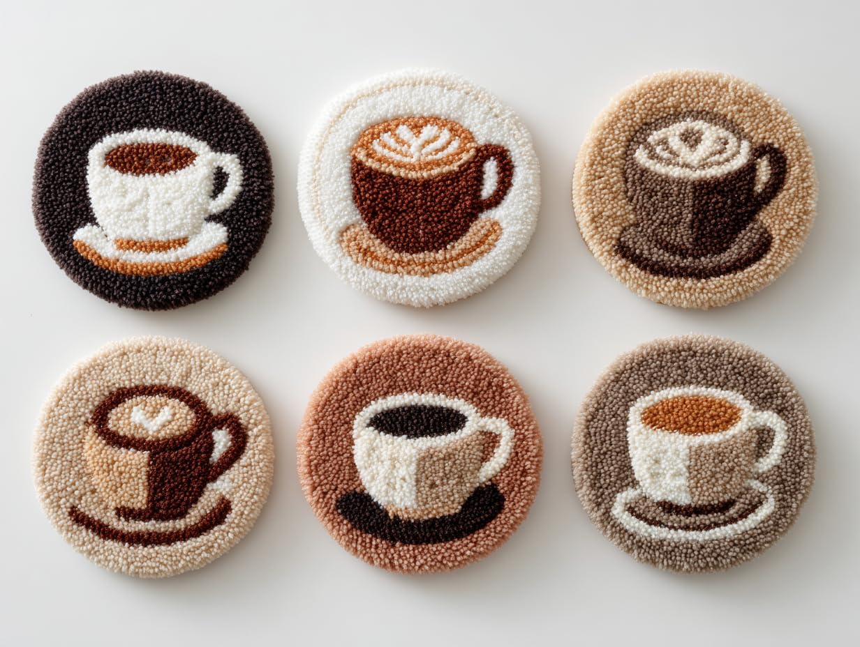 6PCS Punch Needle Coaster Kit Coffee Cup Easy for Beginners Stress Relief Craft Set with Hoop Yarn & Patterns DIY Embroidery Mug Rug Kit for Adults Kids Home Decor-4