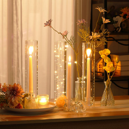Teenyyou 36 Set Glass Hurricane Candle Holders Bulk 12.6" Open Ended Glass Candleholder Tube Shape Bottomless and 2.2" Taper Clear Candlestick Holders for Wedding Table Centerpiece (Clear)