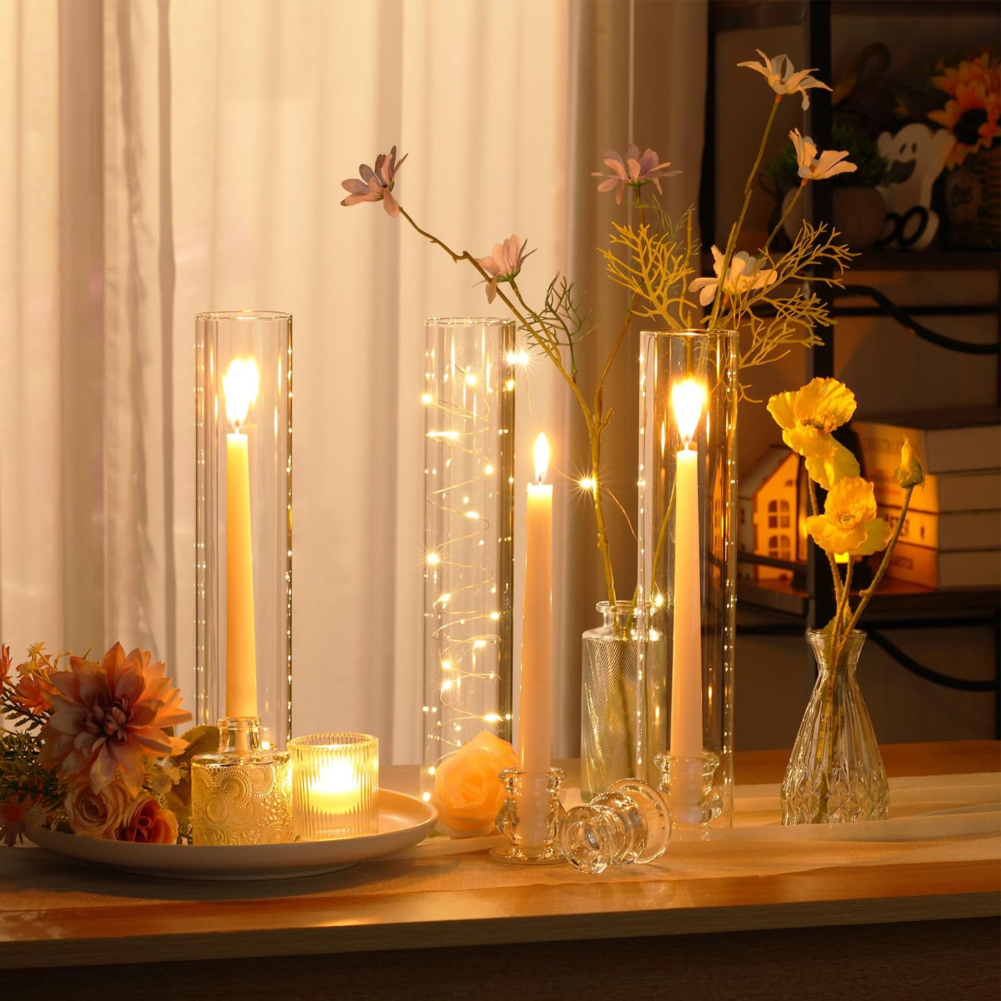 Teenyyou 12 Set Glass Hurricane Candle Holders Bulk 12.6" Open Ended Glass Candleholder Tube Shape Bottomless and 2.2" Taper Clear Candlestick Holders for Wedding Table Centerpiece (Clear)