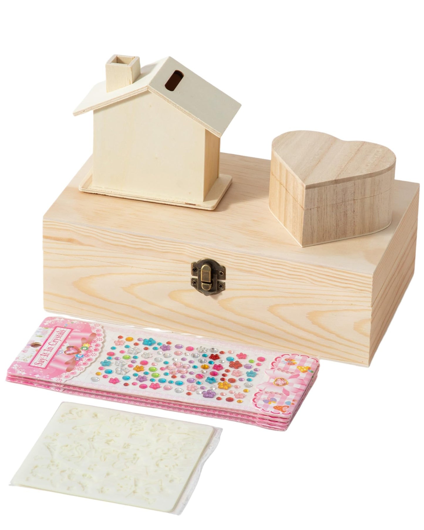 Xhqsulsclac Unfinished pine box (8.9X5.9X3.1 in), paulownia heart box (5 x 4.7 x 2.5 in), poplar house piggy bank (4.1X2.5X3.6 in), small souvenir wooden box