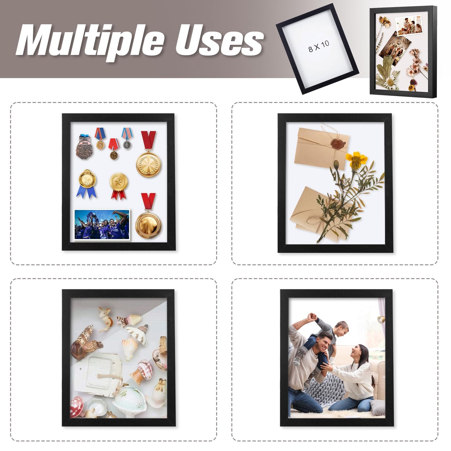 Muzilife 8x10 Shadow Box Frame Wood 3D Picture Frame with Glass Cover, Display Case for Wall-Hanging or Free-Standing Picture Showcase, Set of 3, Black