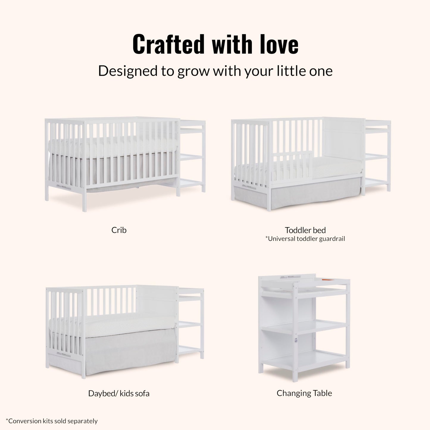 Dream On Me Synergy 3-in-1 Convertible Full-Size Baby Crib & Changer, White, Open Storage, GreenGuard Gold & JPMA, Pinewood, Converts to Day & Toddler Bed, 4 Mattress Heights, 1″ Changing Pad,