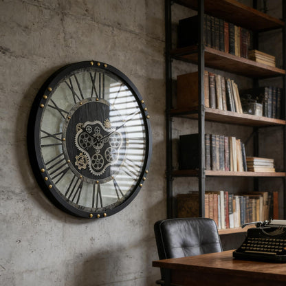 AMAATE Steampunk Wall Clock with Moving Gears, Kinetic Mechanical Industrial Design, Retro Distressed Iron Finish, Dynamic Art for Living Room and Bar Decor, 32 Inch