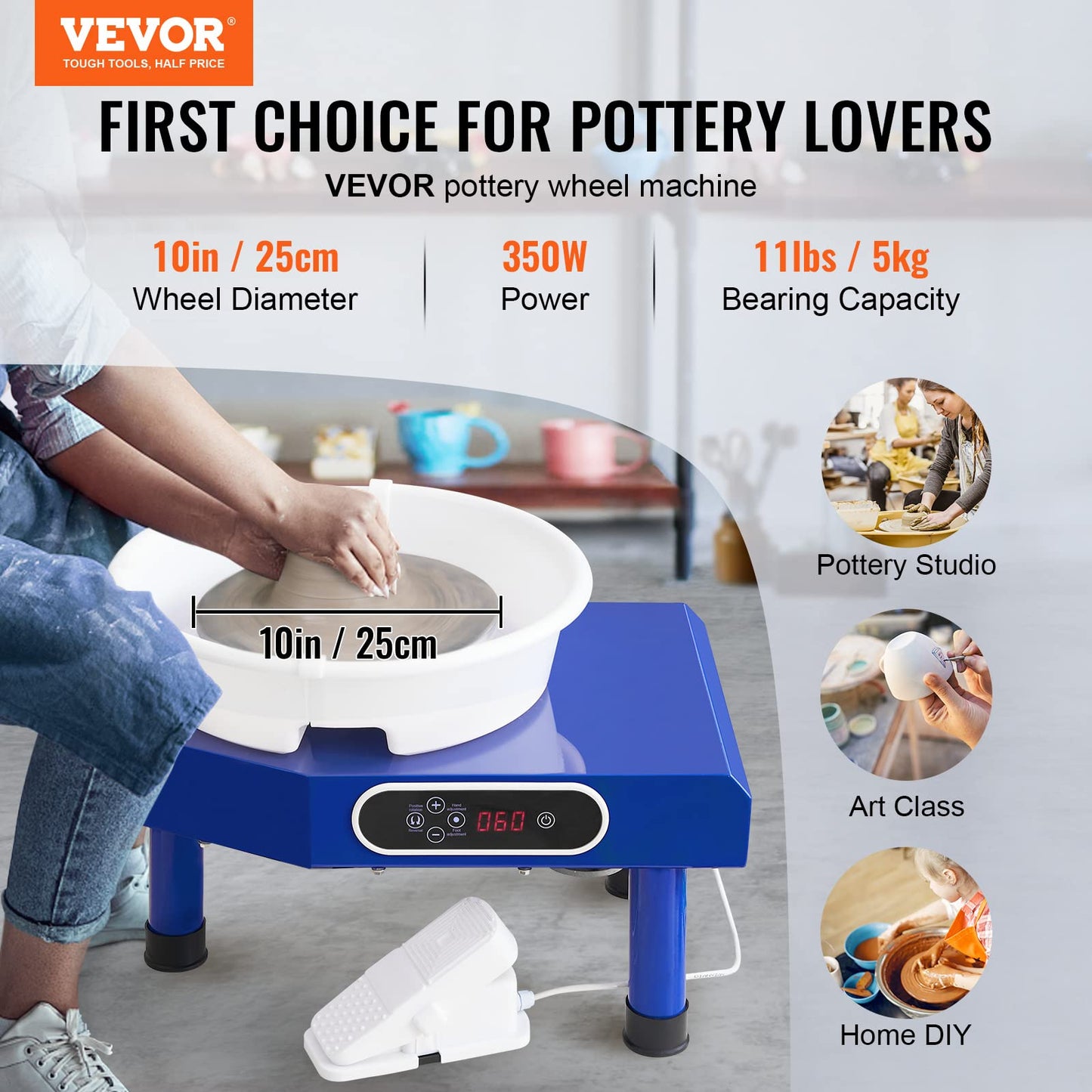 VEVOR Pottery Wheel for Adults Beginners, 10in Ceramic Wheel Forming Machine, 60-300RPM Adjustable Speed, Manual LCD Panel and Foot Pedal, Complete Pottery Set for Art Craft Work Home DIY