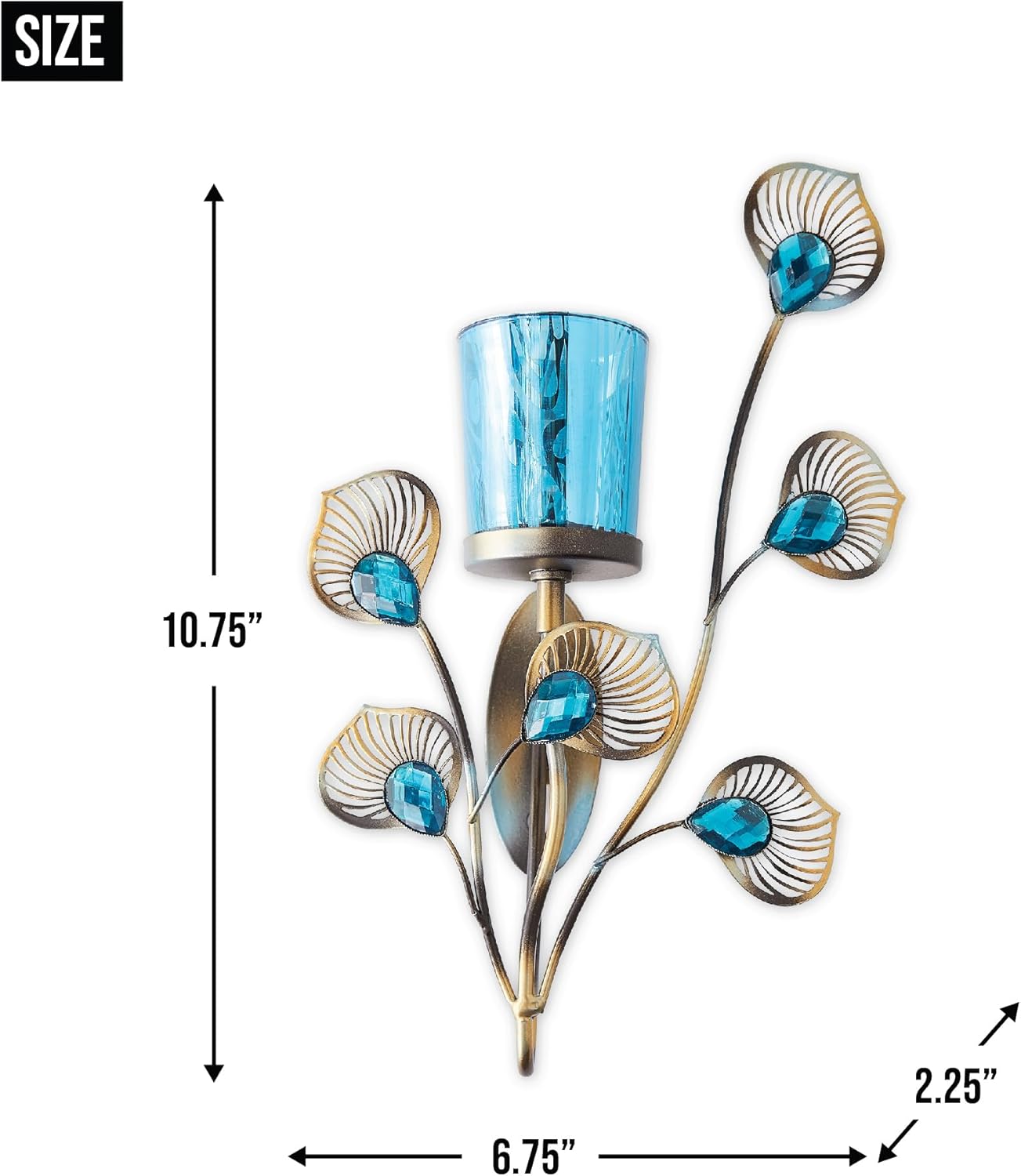 6.75x2.25x10.75, Zingz & Thingz Exotic Peacock Plume Collection Tealight & Candle Lighting, Wall Sconce Single