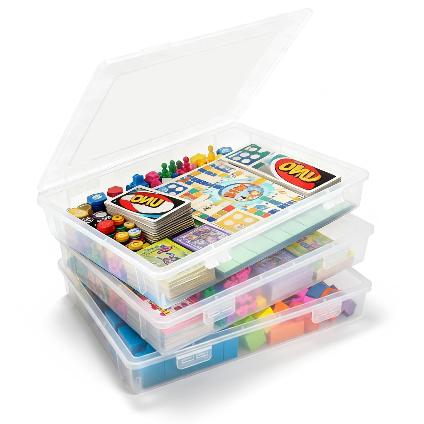 Board Game Storage, 3 Pack Stackable Board Game Storage Containers with Snap Tight Latch Lid, Portable Plastic Case Bin Storage Box for Games Puzzle Magazine A4 Paper Craft Hobby