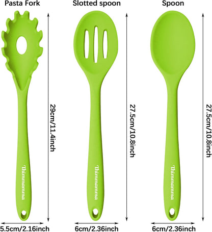 Silicone Cooking Spoons, Heat Resistant Large Slotted Spoon, Solid Basting Spoon Set for Nonstick Cookware (Green)