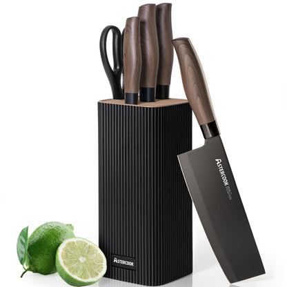 Astercook Knife Set, 6-Piece Kitchen Knife Set with Block, High Carbon Stainless Steel Ultra Sharp Kitchen Knives, Wood Grain Handle, Dishwasher Safe Knife Block Set, Black, Mothers Day Gifts