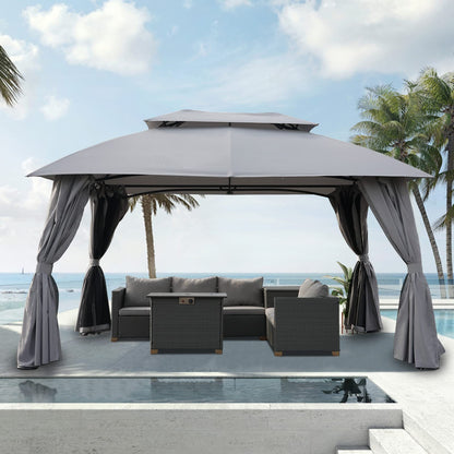 Grand Patio 10x13 Gazebo Double Soft Top Canopy Anti-UV Shelter with Privacy Curtains and Netting for Patio Deck Backyard Garden Lawns