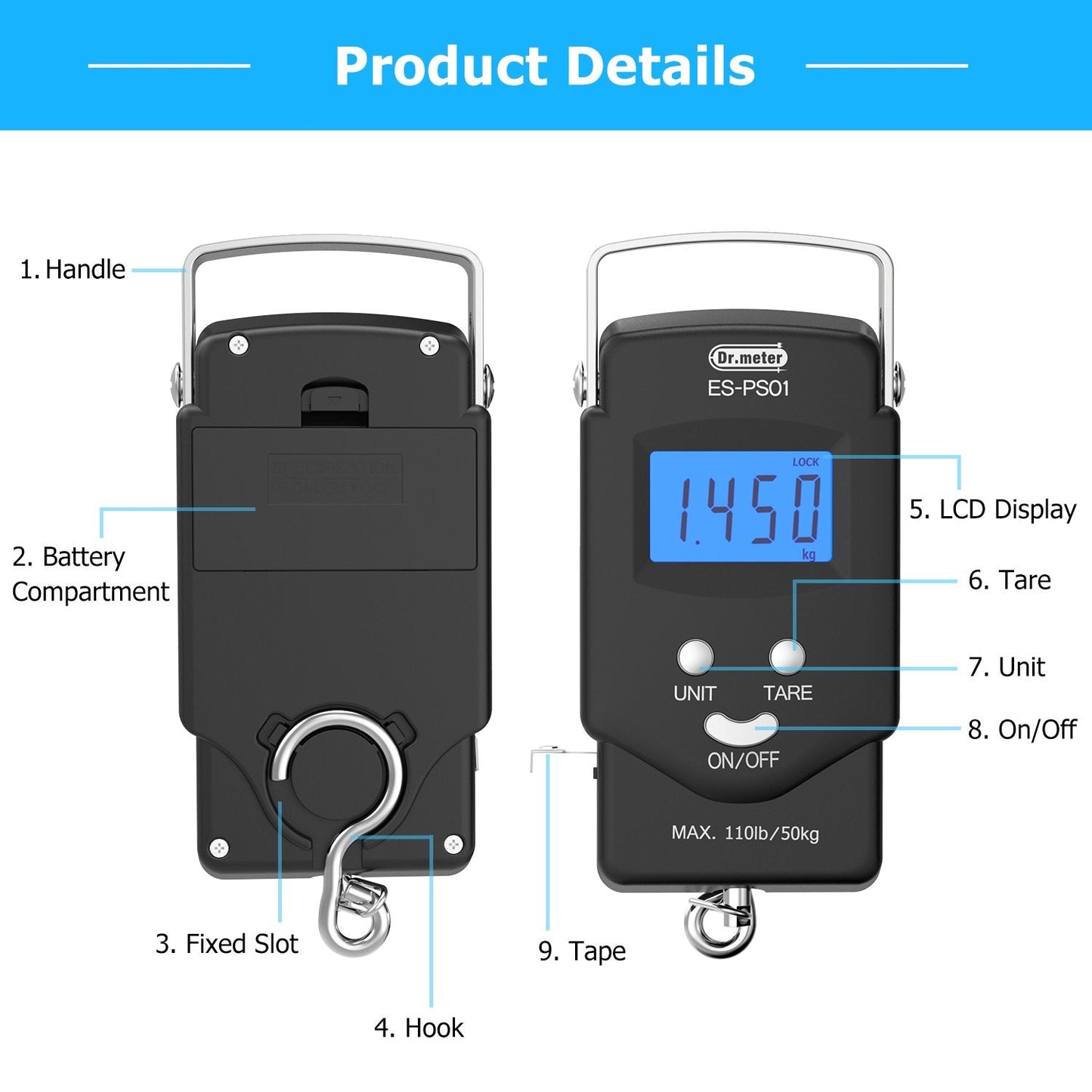 Dr.meter Fish Scale Luggage Scale - PS01 110lb/50kg Backlit LCD Display Digital Scale with Built-in Measuring Tape - Fishing Scale with 2 AAA Batteries, Pocket Size - Fishing Gifts for Men