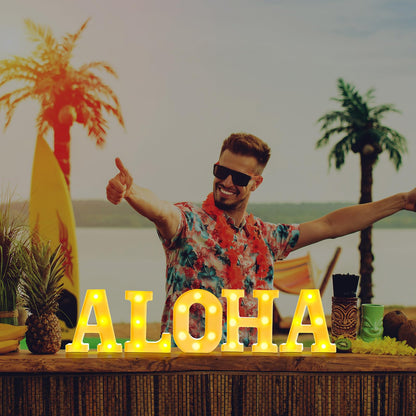 Aurelema 5 Pcs Summer Hawaiian Luau Aloha Party Decorations Aloha Light up Sign LED Marquee Letter for Party Decorations Battery Powered Tropical Alphabet Summer LED Lights for Wedding Night Birthday