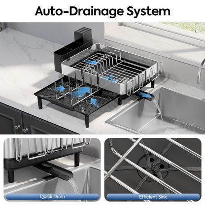 Urackify Dish Drying Rack for Kitchen Counter - Stainless Steel Dish Drainer with Drain Board, Removable Utensil Holder, Rust-Proof Plate, Non-Slip Feet, Large Capacity for 10 Plates 6 Bowls 4 Cups