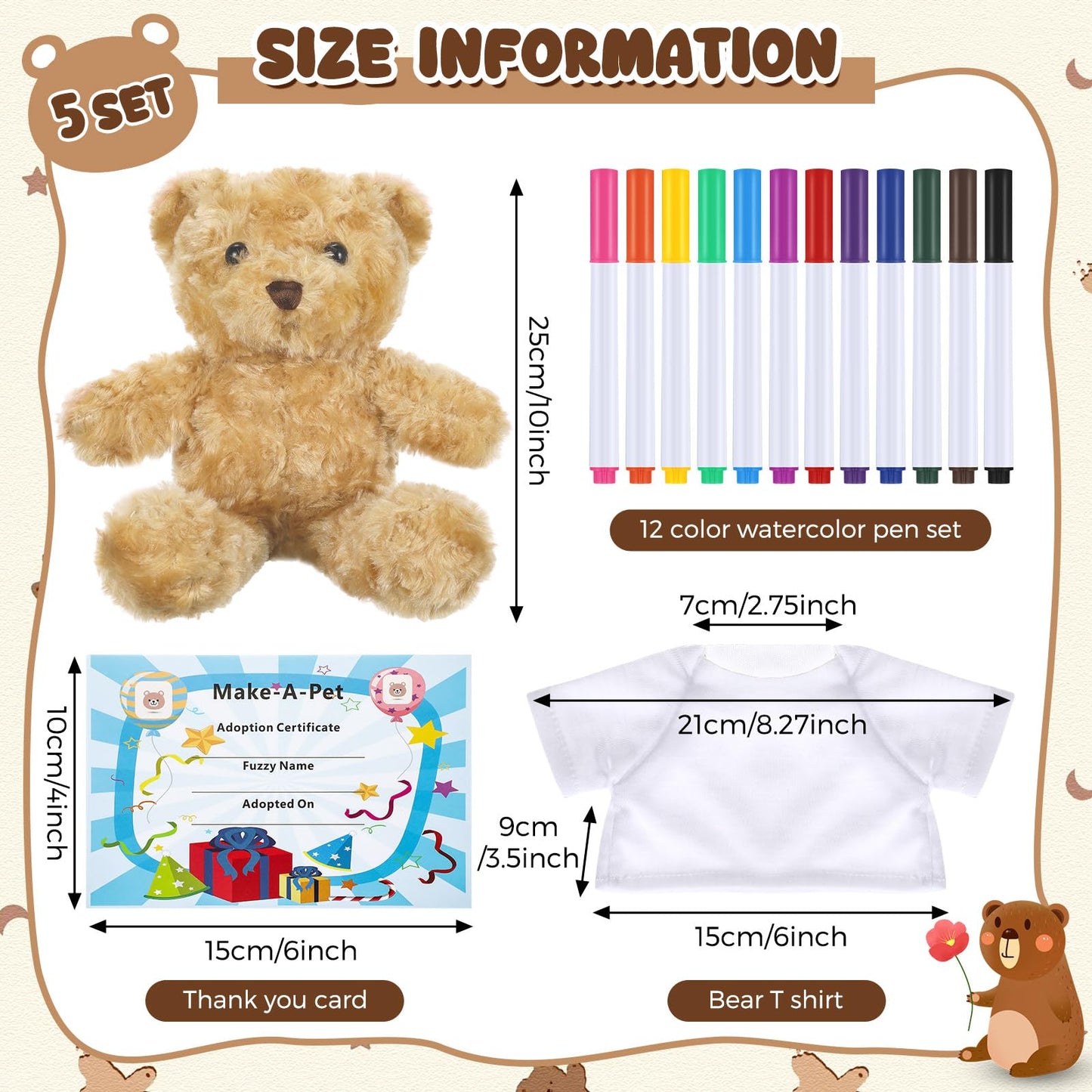 Blueweenly 20 Pcs 5 Set Graduation Make Your Own Stuffed Animal Teddy Bear Kit Including 5 9.84 Inches Velvet Animal with T Shirts and Markers for Graduates DIY Craft Gift(Khaki,Bear)
