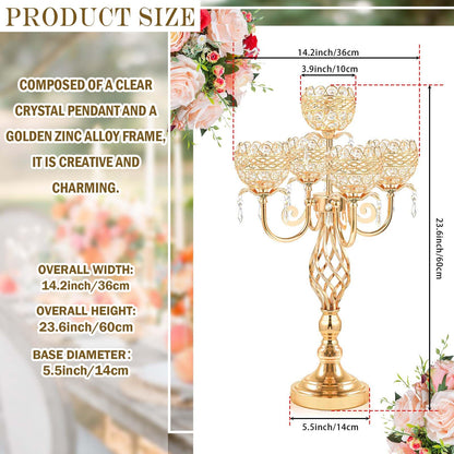 Elegant 5-Arm Candelabra Centerpiece with Crystal Pendants - 23.6 Inch Tall Table Centerpiece for Weddings, Parties, Home Decor for Mother’s Day, Holidays & Special Occasions (1, Gold)