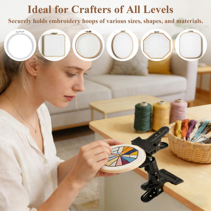 Coitak Portable Metal Embroidery Hoop Stand Holder with 3 Sizes Embroidery Hoop, Rotated Embroidery Stand Table Clip for Embroidery Needlework Hoops