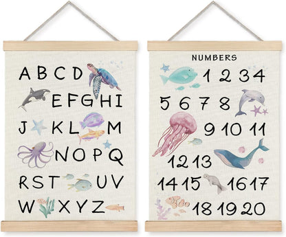 123 12x16 Set 2 Supwhd Ocean Nursery Decor, Alphabet Numbers Ocean Animals Poster Hanger Frame, Sea Animals ABC