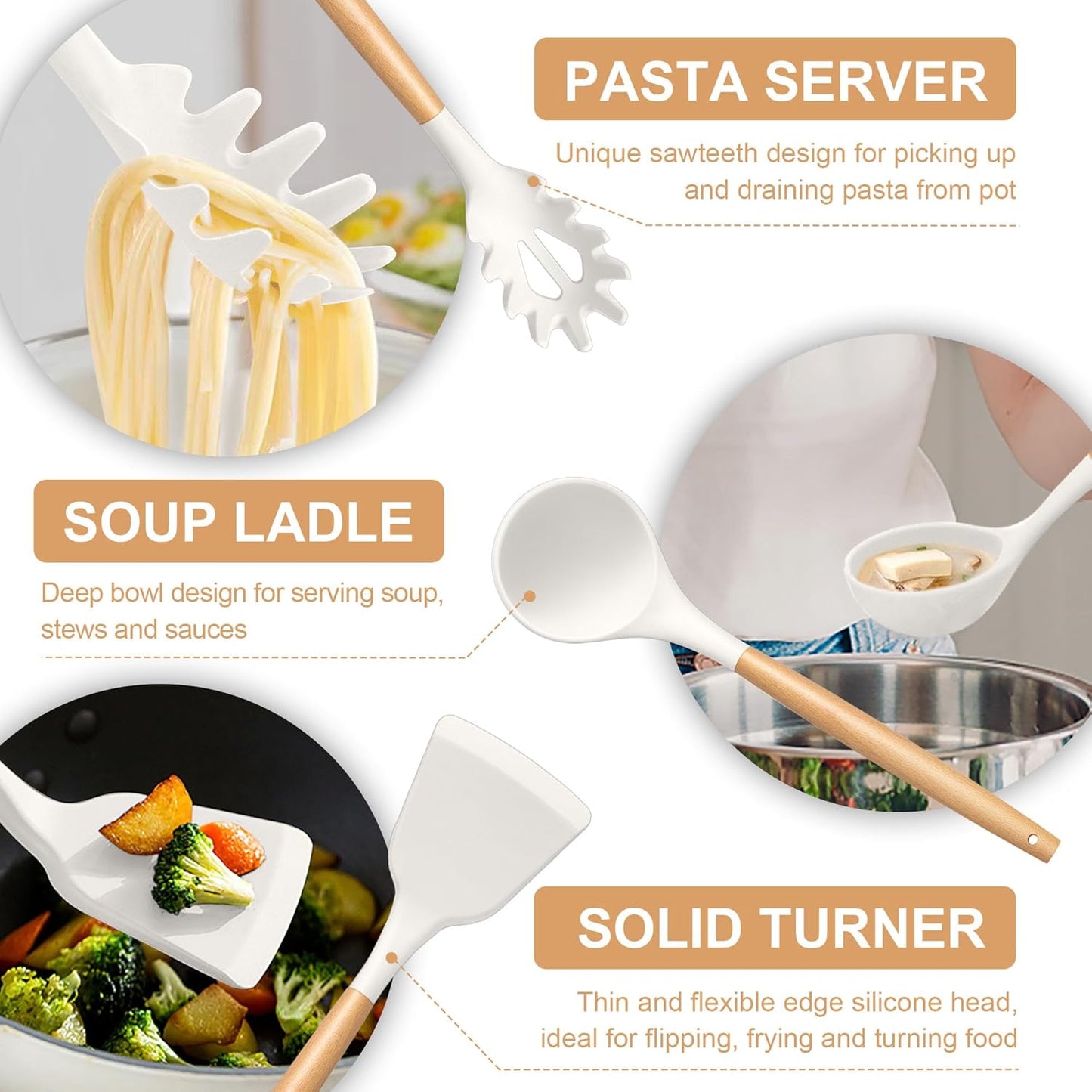 TeamFar Cooking Utensils Set, 12 Pcs Silicone Kitchen Gadgets for Nonstick Cookware, Wooden Handle Spatula Spoon