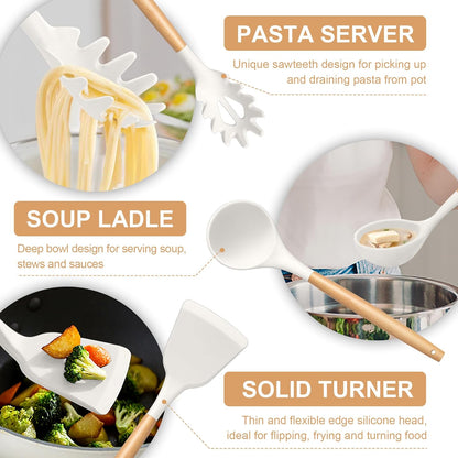 TeamFar Cooking Utensils Set, 12 Pcs Silicone Kitchen Gadgets for Nonstick Cookware, Wooden Handle Spatula Spoon