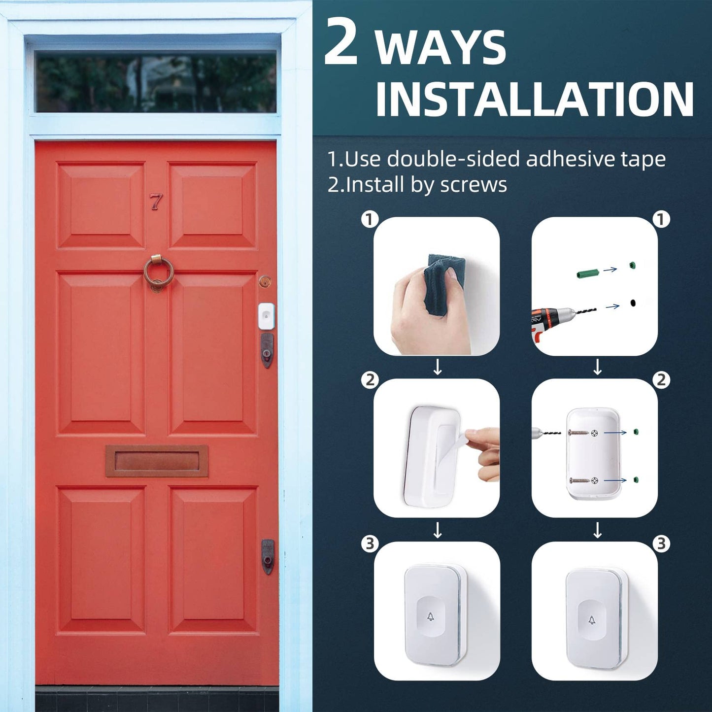 Wireless Doorbell 1200 feet Waterproof Door Bell with Flash LED Light 36 Melodies 4 Volume Levels (2 Receivers& 1 Touch Button, White JSIEEM)