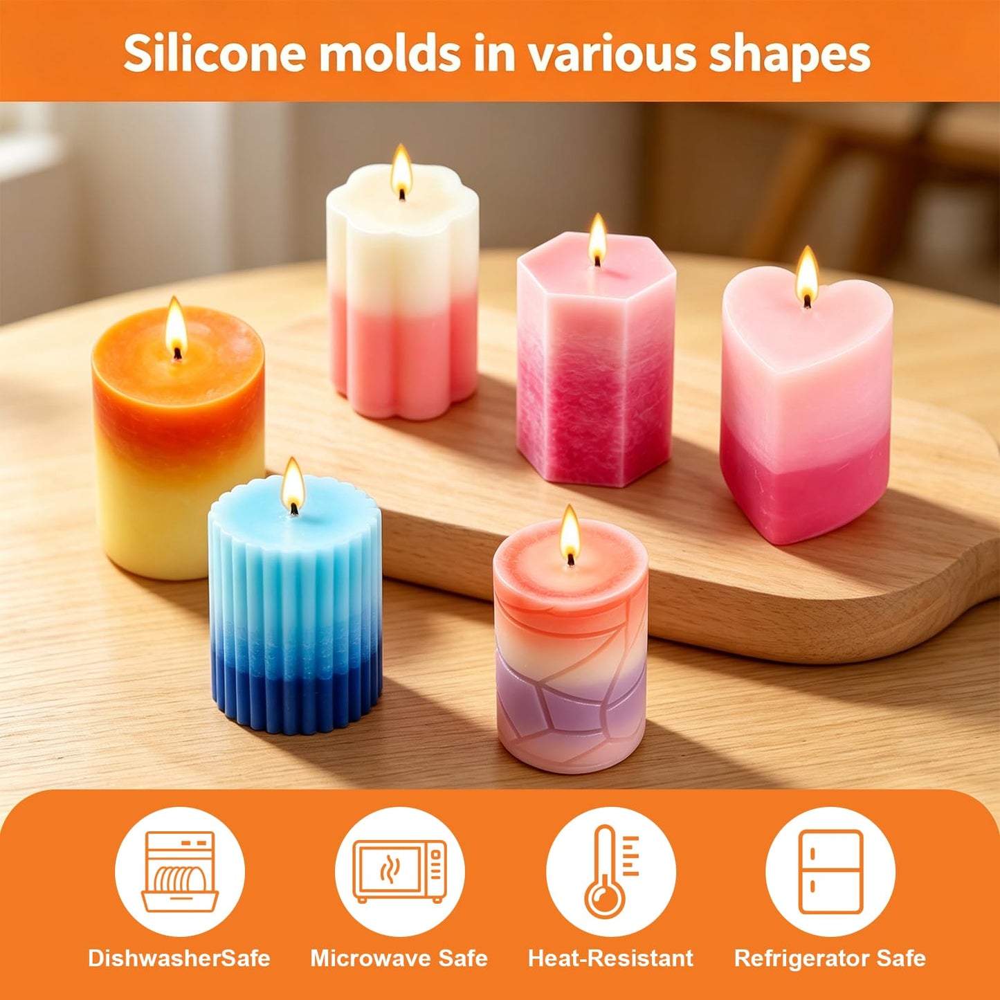 DJBVHSF 9 Pack Reusable Silicone Candle Molds Set, Easy Release Cylinder, Hexagon, Heart and Star Resin Soap Molds for DIY Candle Making, Crafts and Home Decor