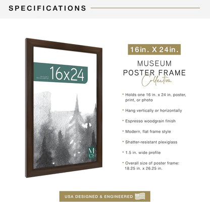 MCS Museum Poster Frame 16x24 Espresso Woodgrain, Vertical & Horizontal Large Picture Frame for Photos, Posters