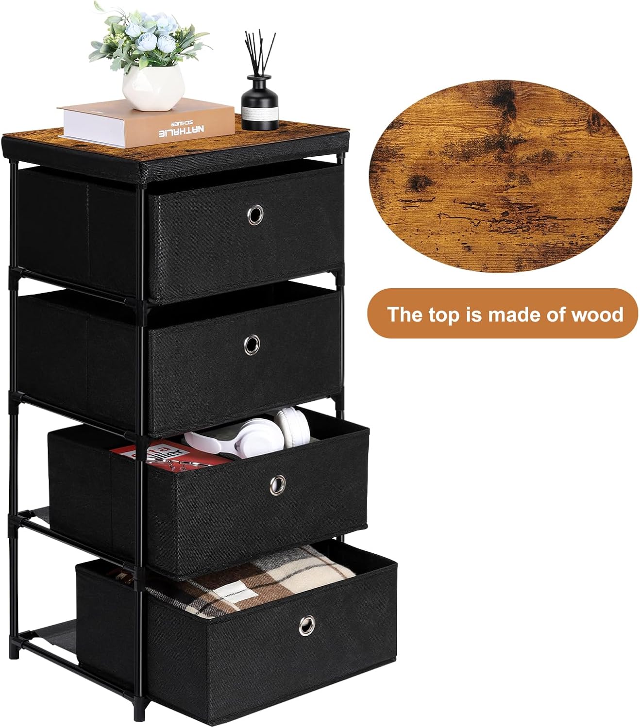 MOOACE Fabric Storage Dresser with 4 Drawers, Clothes Organizer and Storage Tower, Black