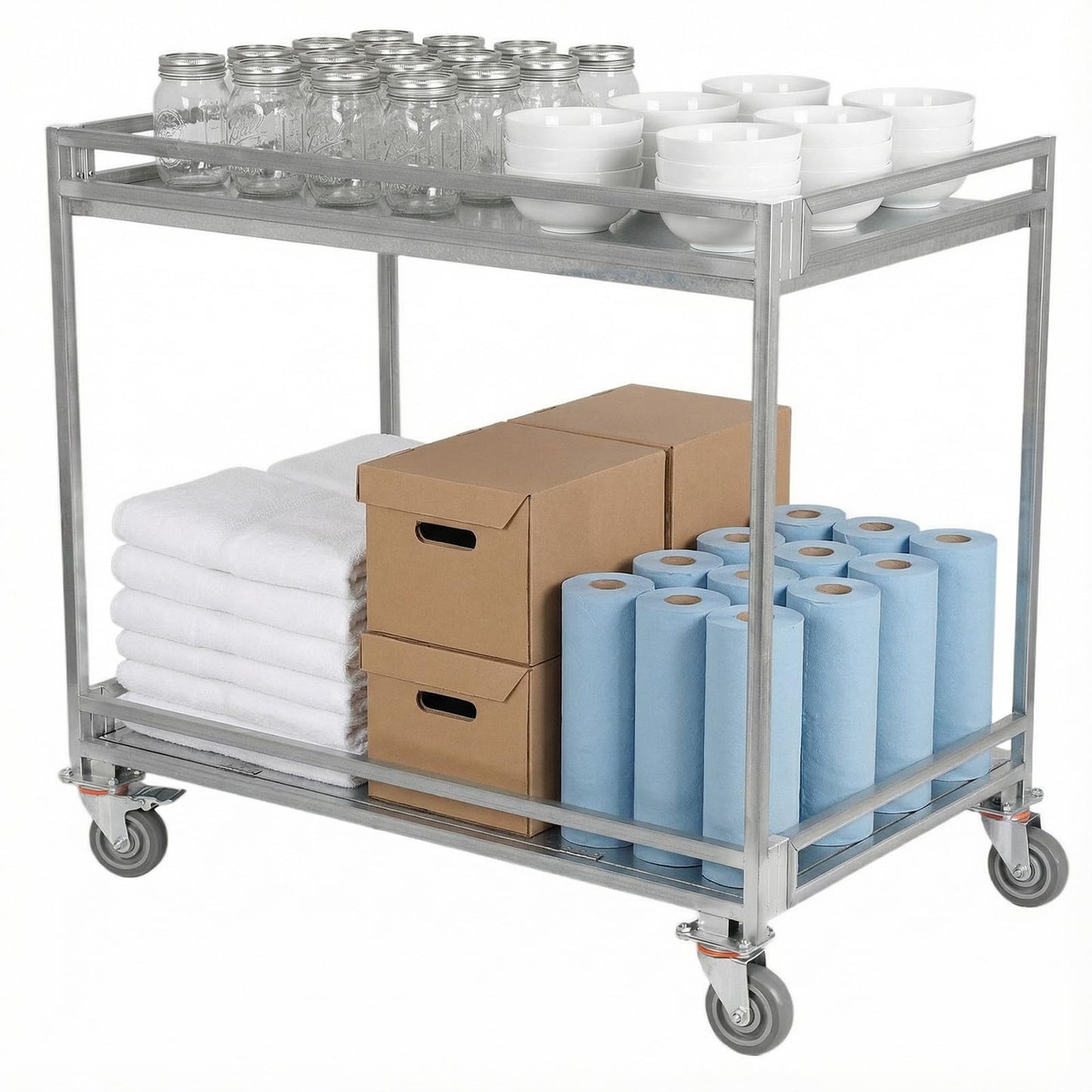 OssifragaBone 2 Shelf Rolling Cart Collapsible Steel Rolling Utility Cart with Wheels 660lbs Capacity with Handle for Warehouse/Garage/Cleaning/Manufacturing