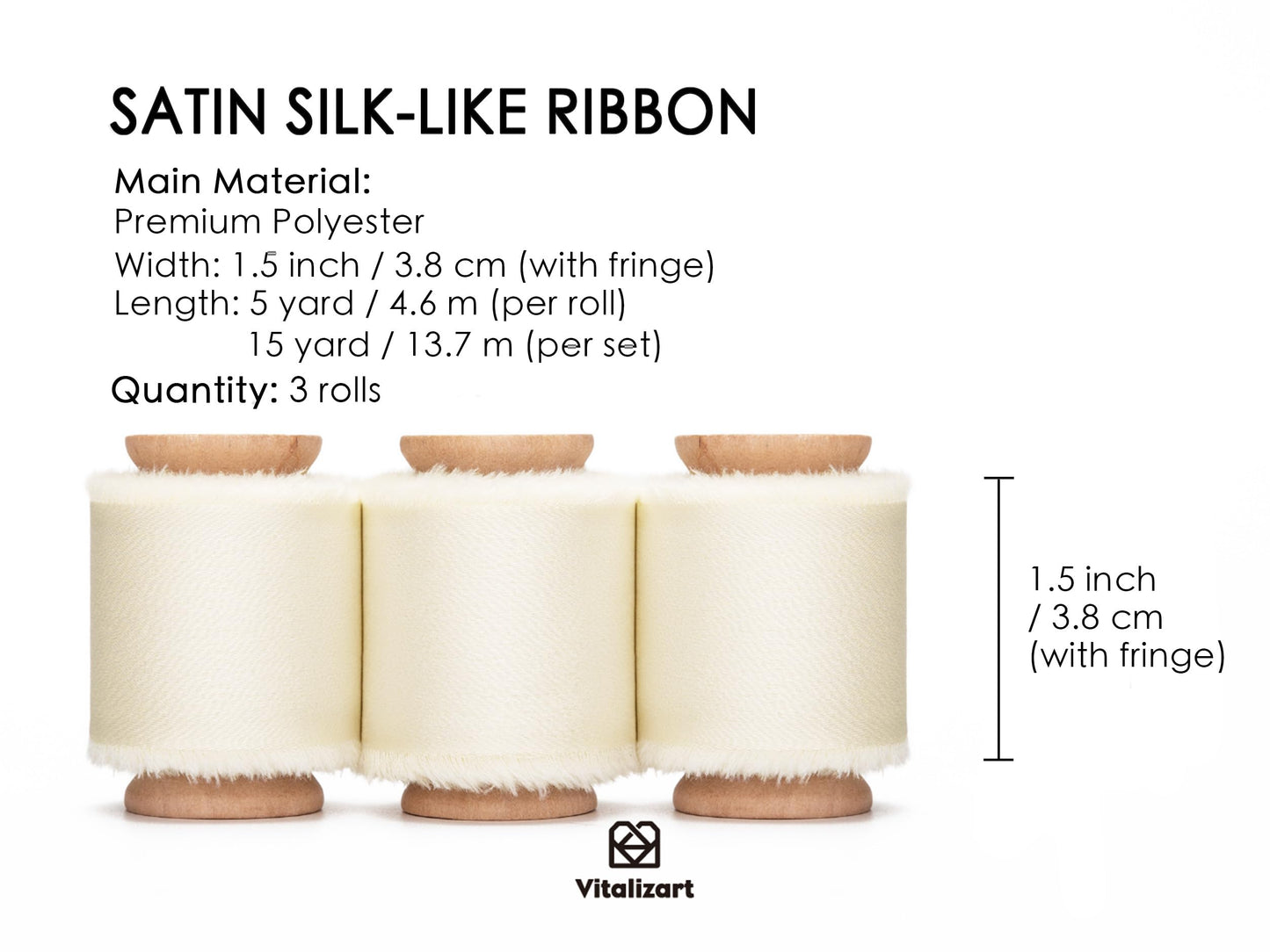 Vitalizart White Silk Satin Ribbon 1-1/2 inch x 15 Ivory Handmade Frayed Ribbons for Gift Wrapping Baby Shower Wedding Bridal Bouquets Holiday Decor Cream