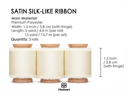 Vitalizart White Silk Satin Ribbon 1-1/2 inch x 15 Ivory Handmade Frayed Ribbons for Gift Wrapping Baby Shower Wedding Bridal Bouquets Holiday Decor Cream