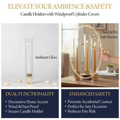 LETINE 14" Tall Hurricane Candle Holders with Gold Ribbed Taper Candle Holders Set of 3– Bulk Windproof Taper Candle Hurricane Glass for Outdoor&Indoors Wedding Centerpiece, Event & Home Decor