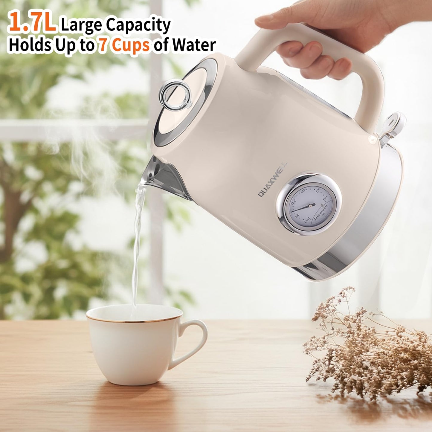 QUAXWELL Retro Electric Kettle, 1.7L 304 Stainless Steel Tea Kettle with Temperature Gauge, 1500W Fast Boiling Water Boiler,Auto Shut-Off & Boil-Dry Protection, BPA-Free, Beige
