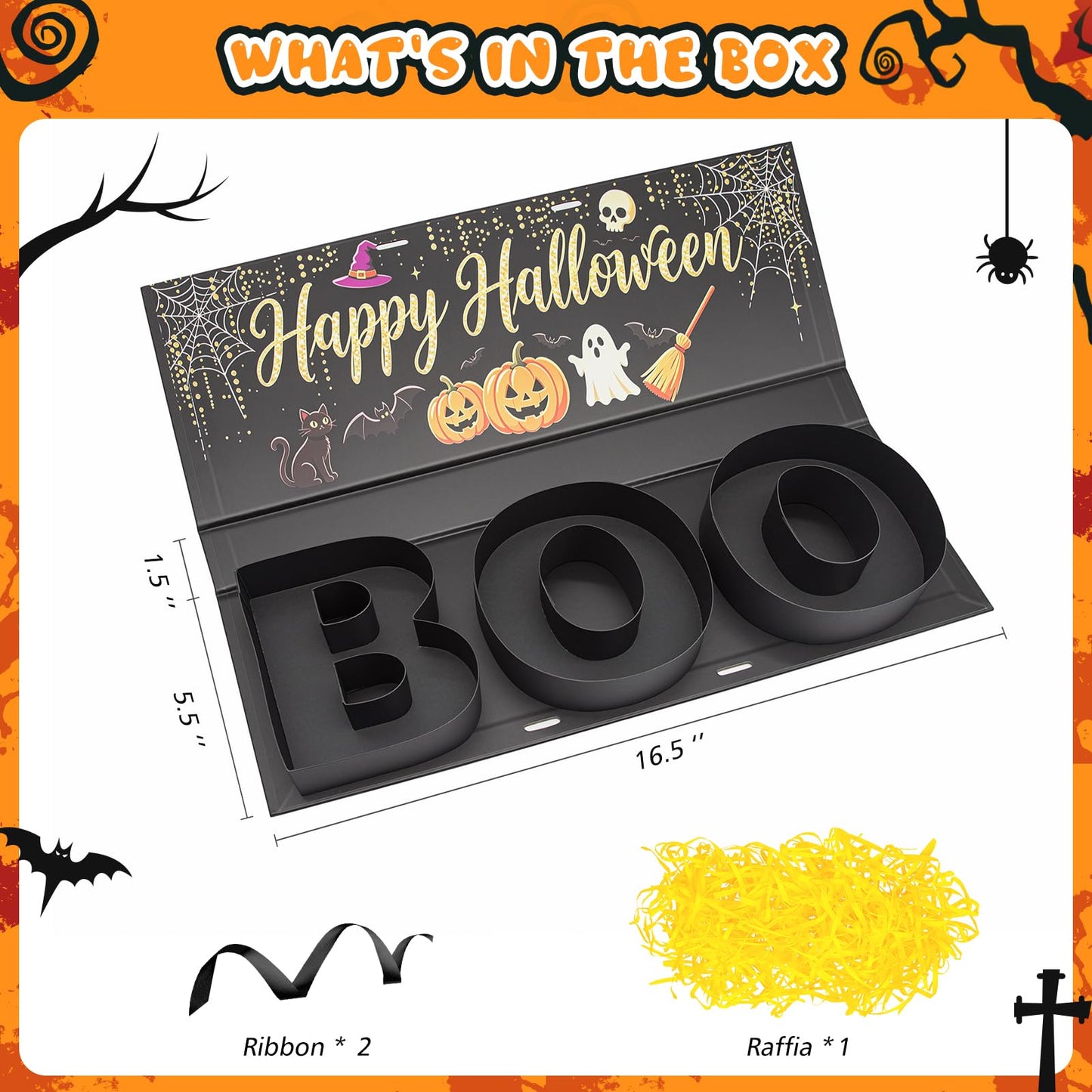 Halloween Candy Gift Box, BOO Letter Shaped DIY Fillable with Ribbon Raffia