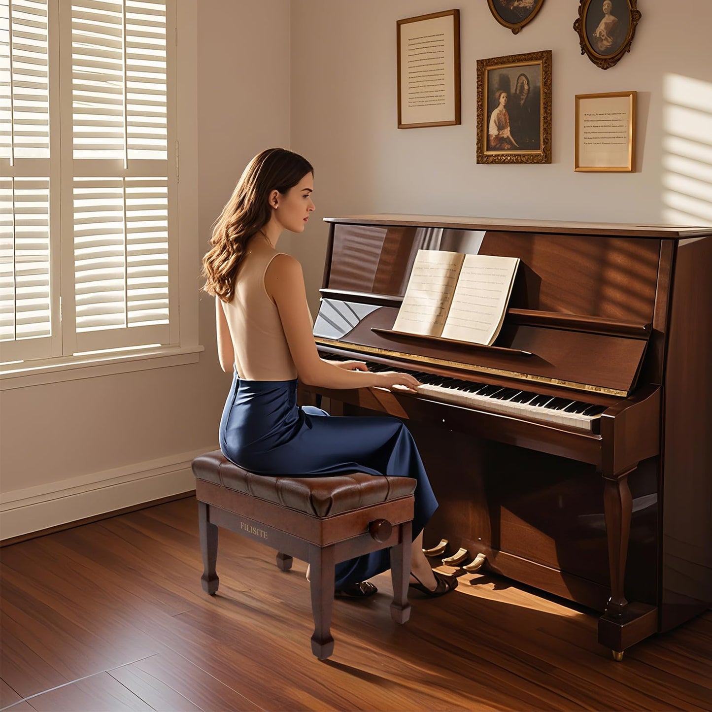 FILISITE Genuine Leather Adjustable Piano Bench with Storage Compartment, Heavy Duty Solid Wooden Keyboard Stool with Padded Cushion Seat (Brown)