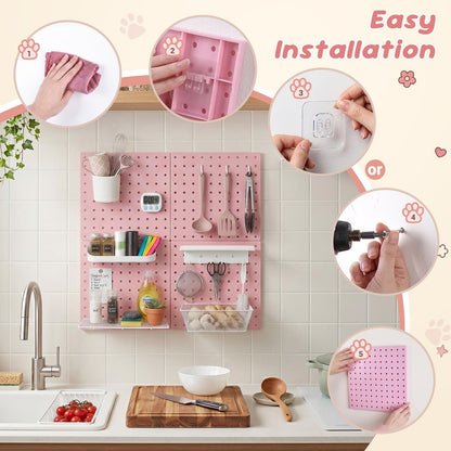 Pegboard Wall Organizer, 4 x11” x 11” ABS Peg Board Wall Organizer with Hooks, Shelves & Baskets, Drill or Adhesive Mount, 110 lbs Heavy Duty Wall Storage for Kitchen, Garage, Bathroom, Office (Pink)