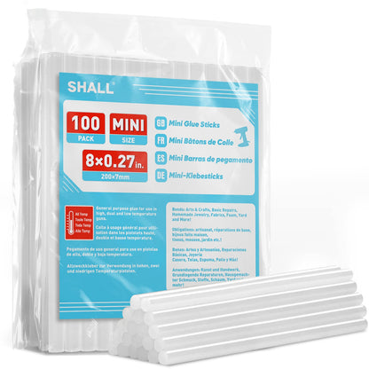 SHALL Mini Hot Glue Sticks, 0.27” Dia x 8” Long, 100-pack Clear Hot Melt Glue Gun Sticks for All-temp Mini Glue Guns, Multipurpose for Kids Adults DIY Art Craft Sealing Repairing Festival Decoration