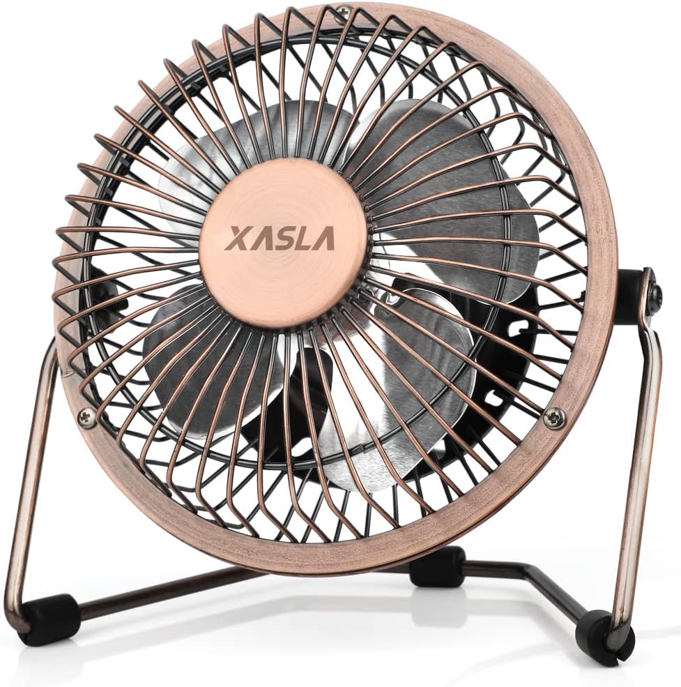 xasla 4 Inch Small USB Desk Fan, Mini Quiet Fan with Metal Construction, Strong Airflow, 360° Adjustable Tilt Angle