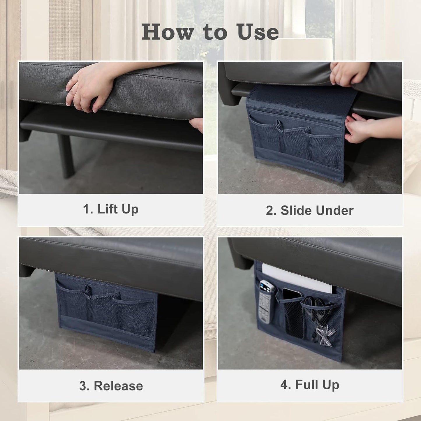 4 Surblue Bedside Caddy Pockets Bedside Storage Organizer for TV Remote Control Phone Glasses Magazine (Navy)