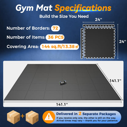 SUPERJARE 1" Extra-Thick Rubber Top Exercise Mat, Puzzle Gym Flooring for Home Gym, Gym Mat for Workout Equipment, Interlocking Floor Tiles with EVA Foam, 36 Pcs 144 Sq Ft, Black