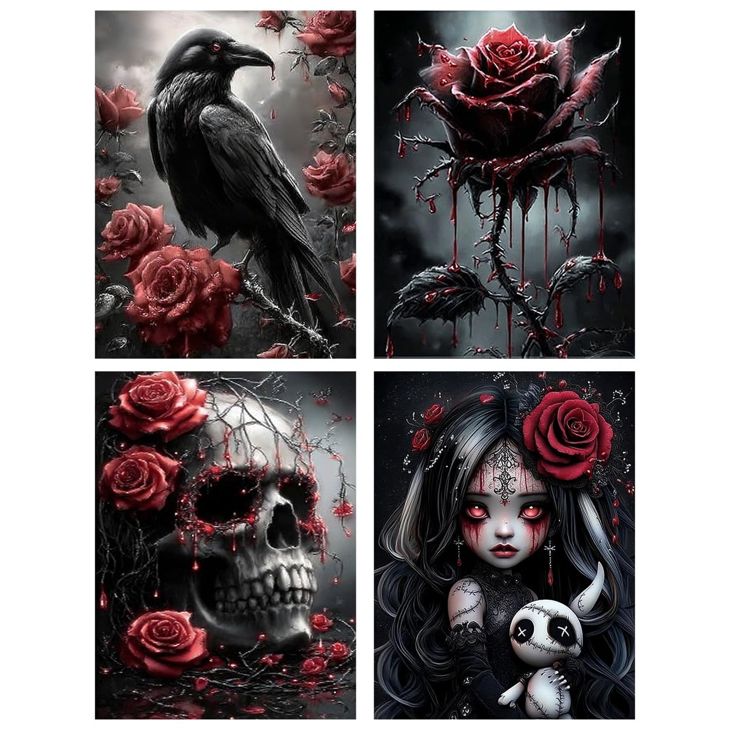 Aestalrcus 4 Pack Gothic Diamond Art Kits for Adults, Rose Crow Skull Diamond Painting Kits for Adults, 5D Full Drill Gem Art and Crafts for Gift Home Wall Decor 12x16 Inch