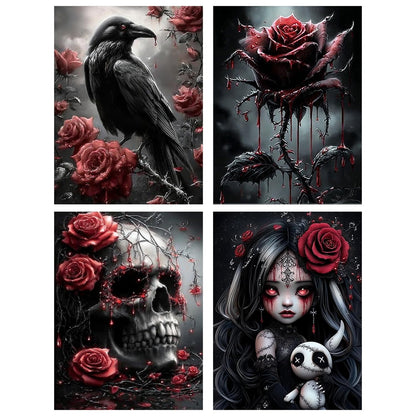 Aestalrcus 4 Pack Gothic Diamond Art Kits for Adults, Rose Crow Skull Diamond Painting Kits for Adults, 5D Full Drill Gem Art and Crafts for Gift Home Wall Decor 12x16 Inch